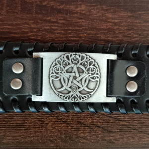 Strom života s pentagramom, kožený náramok s oceľovou ozdobou